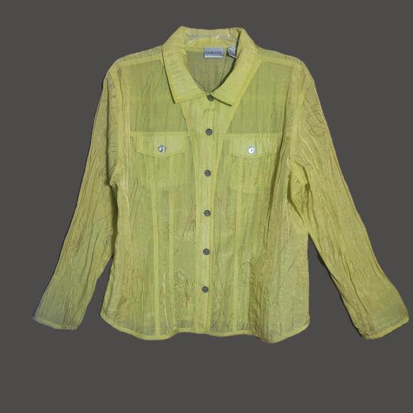 Chico's Tops - Chico's Chartreuse Sheer Taffeta-Like Button-Up Textured Floral - Sz 2 (Lg)
